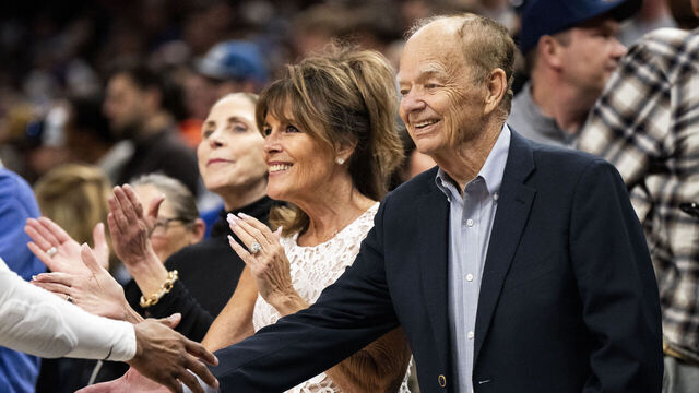 MINNEAPOLIS, MINNESOTA - APRIL 2: Majority owner Glen Taylor (R) of the Minnesota Timberwolves and his wife Becky Taylor (L) greet players before the game against the Houston Rockets at Target Center on April 2, 2024 in Minneapolis, Minnesota.