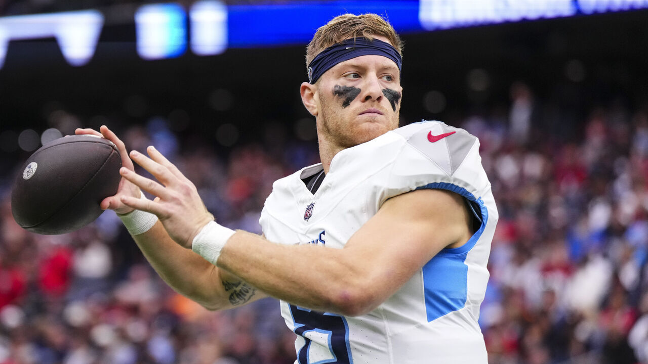 HOUSTON, TX - DECEMBER 31: Will Levis #8 of the Tennessee Titans warms up prior to an NFL football game against the Houston Texans at NRG Stadium on December 31, 2023 in Houston, Texas.