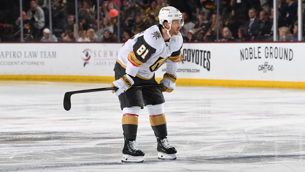 TEMPE, ARIZONA - APRIL 05: Jonathan Marchessault #81 of the Vegas Golden Knights gets ready during a face off against the Arizona Coyotes at Mullett Arena on April 05, 2024 in Tempe, Arizona.