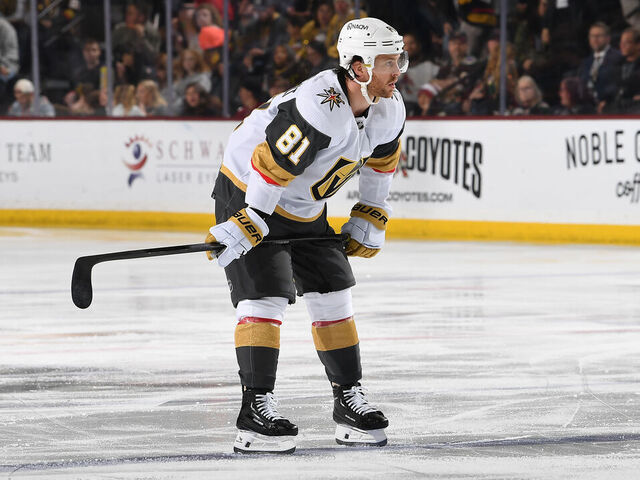 TEMPE, ARIZONA - APRIL 05: Jonathan Marchessault #81 of the Vegas Golden Knights gets ready during a face off against the Arizona Coyotes at Mullett Arena on April 05, 2024 in Tempe, Arizona.