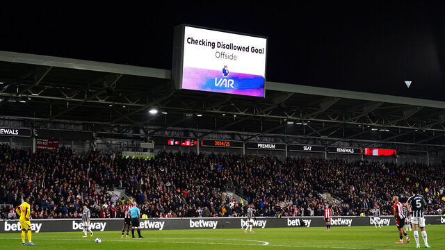 A VAR check on the big screen rules Ivan Toney's goal as offside during the Premier League match at the Gtech Community Stadium, London. Picture date: Saturday March 30, 2024.