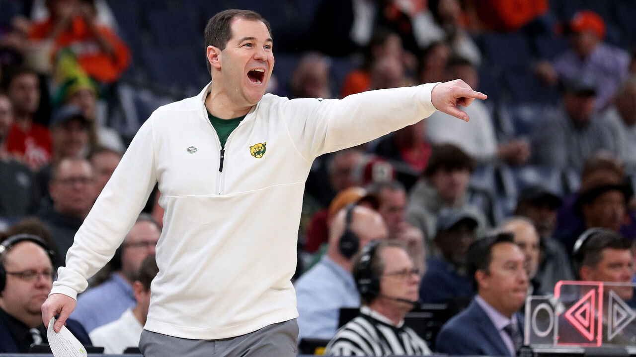 MEMPHIS, TENNESSEE - MARCH 22: Head coach Scott Drew of the Baylor Bears reacts to a play in the first round of the NCAA Men's Basketball Tournament against the Colgate Raiders at FedExForum on March 22, 2024 in Memphis, Tennessee.