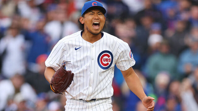 CHICAGO, ILLINOIS - APRIL 01: Shota Imanaga #18 of the Chicago Cubs celebrates after retiring the side in the sixth inning against the Colorado Rockies during his MLB debut at Wrigley Field on April 01, 2024 in Chicago, Illinois.