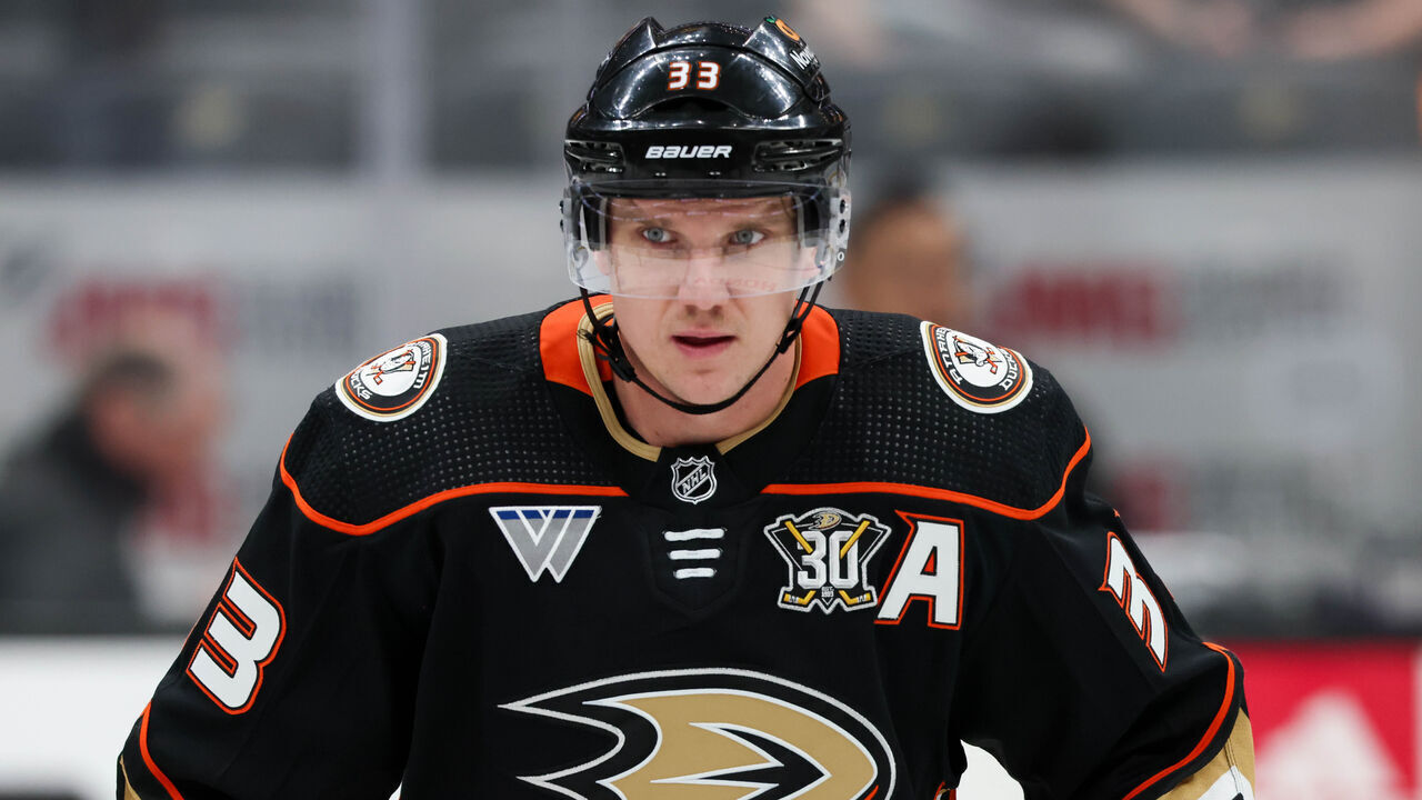 ANAHEIM, CA - JANUARY 31: Jakob Silfverberg #33 of the Anaheim Ducks skates on the ice during warm ups prior to the game against the San Jose Sharks at Honda Center on January 31, 2024 in Anaheim, California.
