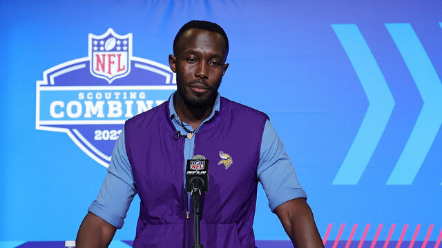 INDIANAPOLIS, INDIANA - FEBRUARY 28: General Manager Kwesi Adofo-Mensah of the Minnesota Vikings speaks to the media during the NFL Combine at the Indiana Convention Center on February 28, 2023 in Indianapolis, Indiana.