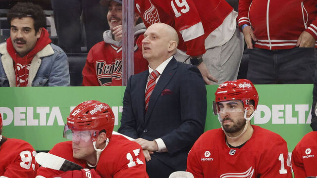 DETROIT, MI - APRIL 05: Detroit Red Wings head coach Derek Lalonde looks on during an NHL game against the New York Rangers on April 05, 2024 at Little Caesars Arena in Detroit, Michigan.
