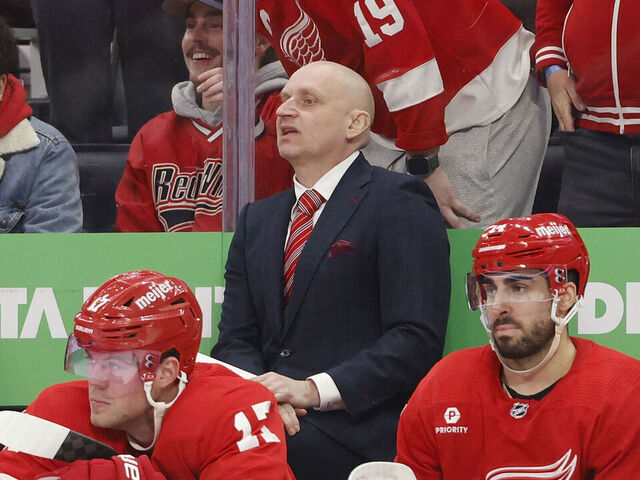 DETROIT, MI - APRIL 05: Detroit Red Wings head coach Derek Lalonde looks on during an NHL game against the New York Rangers on April 05, 2024 at Little Caesars Arena in Detroit, Michigan.