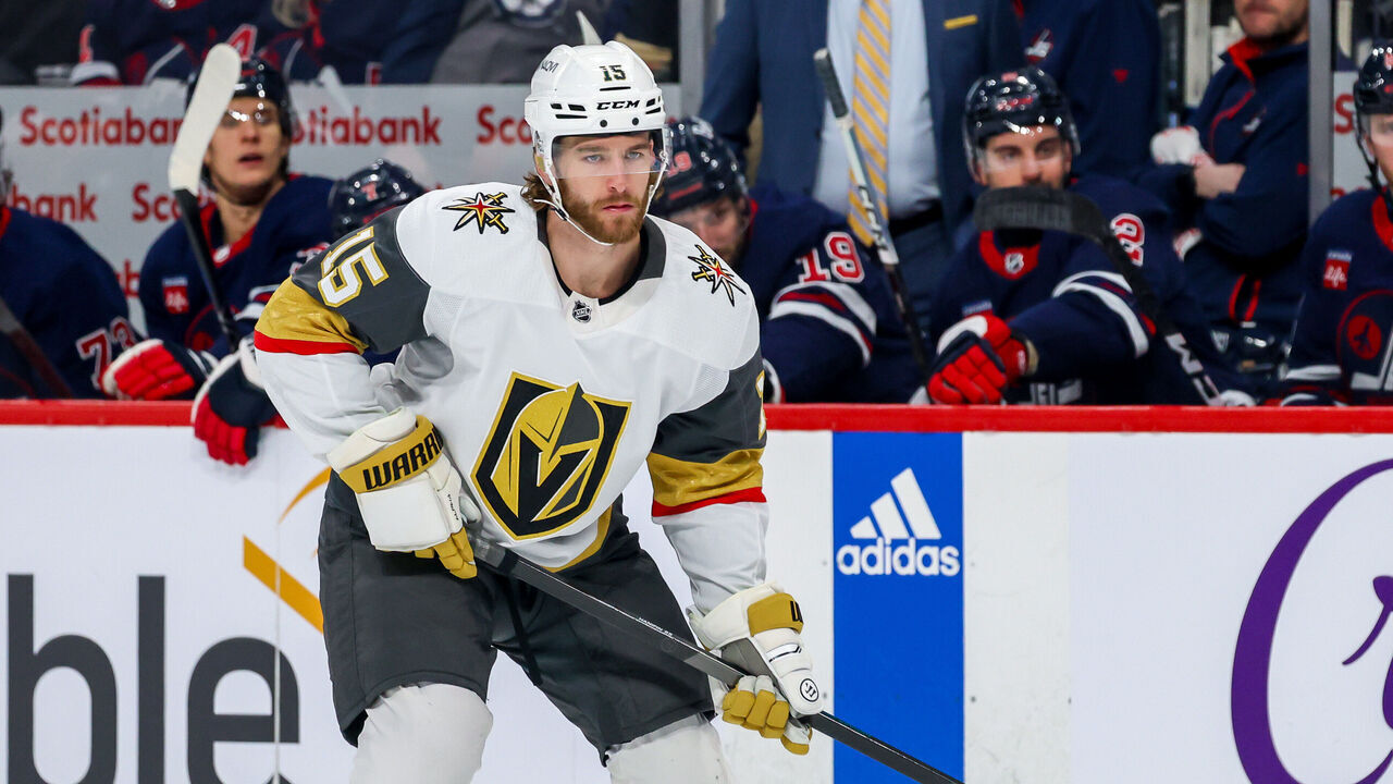 WINNIPEG, CANADA - MARCH 28: Noah Hanifin #15 of the Vegas Golden Knights skates during first period action against the Winnipeg Jets at Canada Life Centre on March 28, 2024 in Winnipeg, Manitoba, Canada.