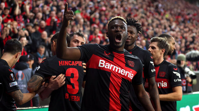 LEVERKUSEN, GERMANY - APRIL 11: Victor Boniface of Bayer Leverkusen celebrates scoring his team's second goal during the UEFA Europa League 2023/24 Quarter-Final first leg match between Bayer 04 Leverkusen and West Ham United FC at BayArena on April 11, 2024 in Leverkusen, Germany.