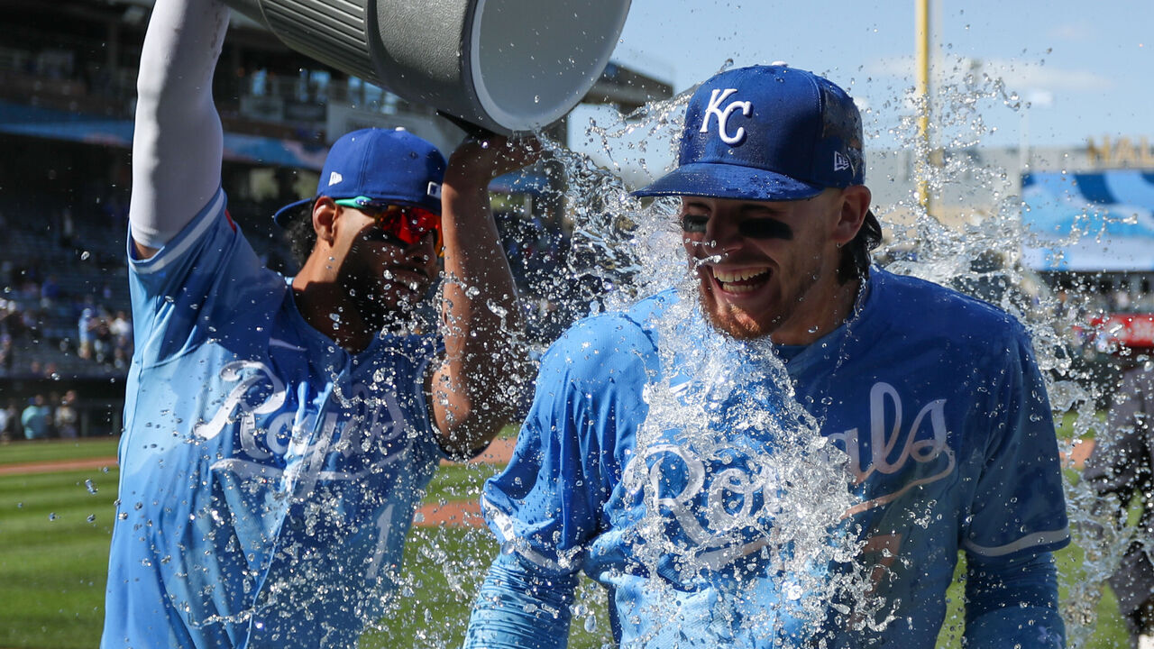KANSAS CITY, MO - APRIL 11: Kansas City Royals shortstop Bobby Witt Jr. (7) gets splashed with water after an MLB game between the Houston Astros and Kansas City Royals on Apr 11, 2024 at Kauffman Stadium in Kansas City, MO.