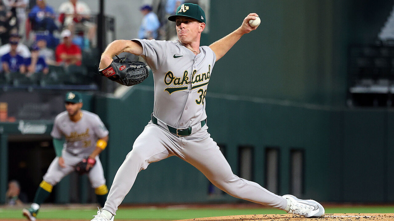 ARLINGTON, TEXAS - APRIL 11: JP Sears #38 of the Oakland Athletics pitches in the first inning against the Texas Rangers at Globe Life Field on April 11, 2024 in Arlington, Texas.