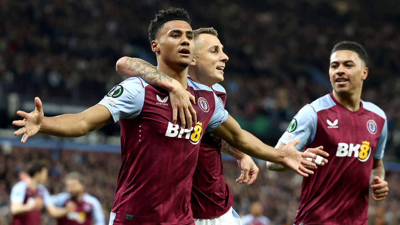 BIRMINGHAM, ENGLAND - APRIL 11: Ollie Watkins of Aston Villa celebrates scoring his team's first goal with teammate Lucas Digne during the UEFA Europa Conference League 2023/24 Quarter-final first leg match between Aston Villa and Lille OSC at Villa Park on April 11, 2024 in Birmingham, England.