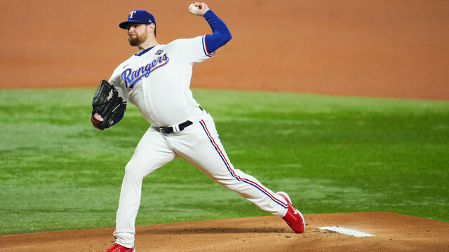 ARLINGTON, TX - OCTOBER 28: Jordan Montgomery #52 of the Texas Rangers pitches during Game 2 of the 2023 World Series between the Arizona Diamondbacks and the Texas Rangers at Globe Life Field on Saturday, October 28, 2023 in Arlington, Texas.