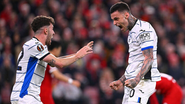 LIVERPOOL, ENGLAND - APRIL 11: Gianluca Scamacca of Atalanta BC celebrates with Matteo Ruggeri of Atalanta BC after scoring his team's first goal during the UEFA Europa League 2023/24 Quarter-Final first leg match between Liverpool FC and Atalanta at Anfield on April 11, 2024 in Liverpool, England.