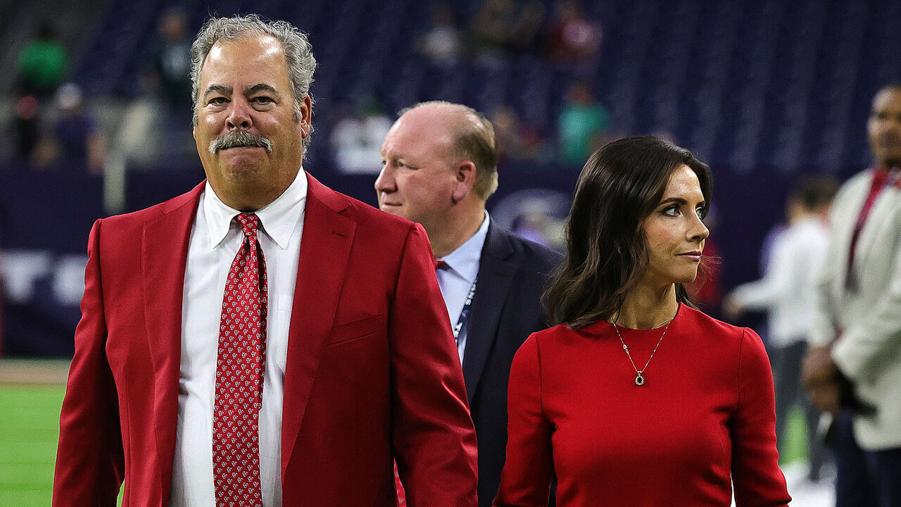 HOUSTON, TEXAS - NOVEMBER 03: Houston Texans CEO Cal McNair and Hannah McNair at NRG Stadium on November 03, 2022 in Houston, Texas.