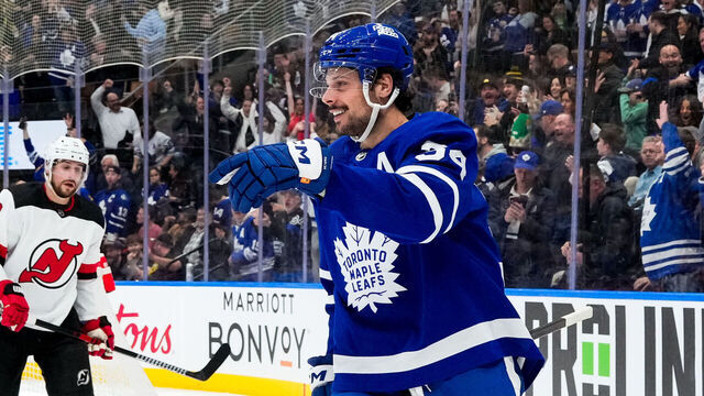 TORONTO, ON - APRIL 11: Auston Matthews #34 of the Toronto Maple Leafs celebrates his goal against the New Jersey Devils during the first period at Scotiabank Arena on April 11, 2024 in Toronto, Ontario, Canada.
