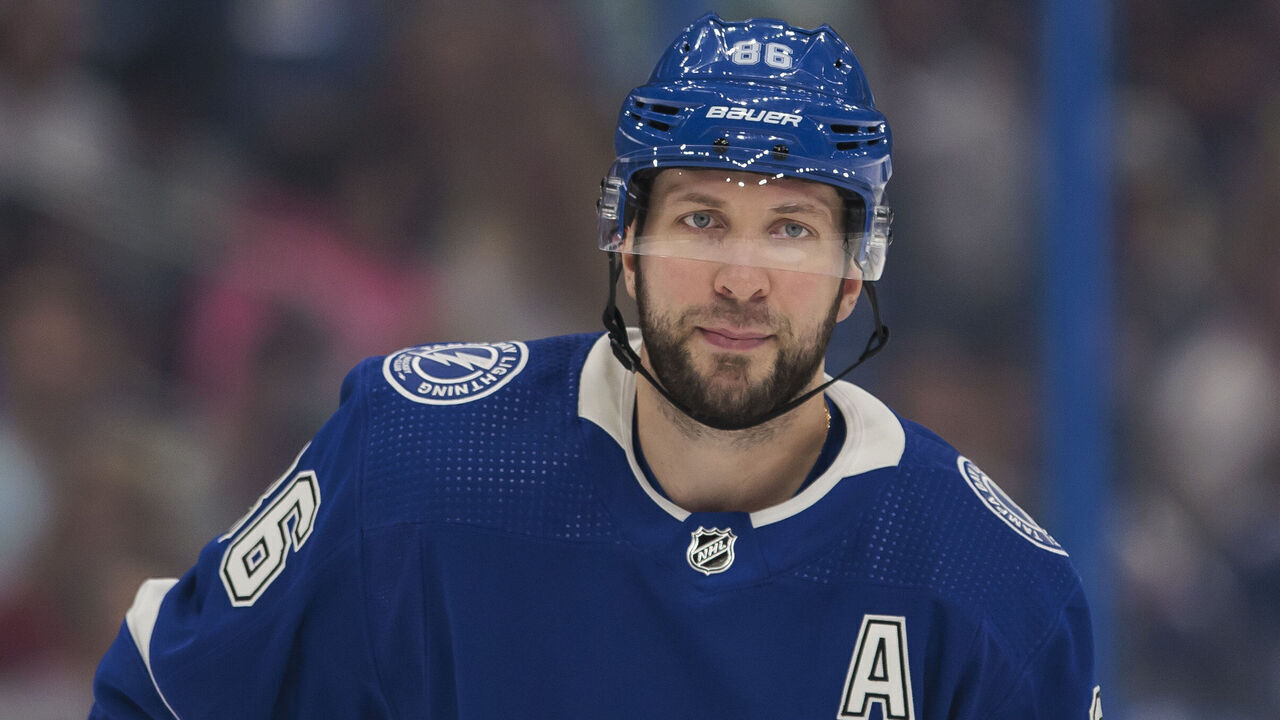 TAMPA, FL - APRIL 1: Nikita Kucherov #86 of the Tampa Bay Lightning against the Detroit Red Wings at Amalie Arena on April 1, 2024 in Tampa, Florida.