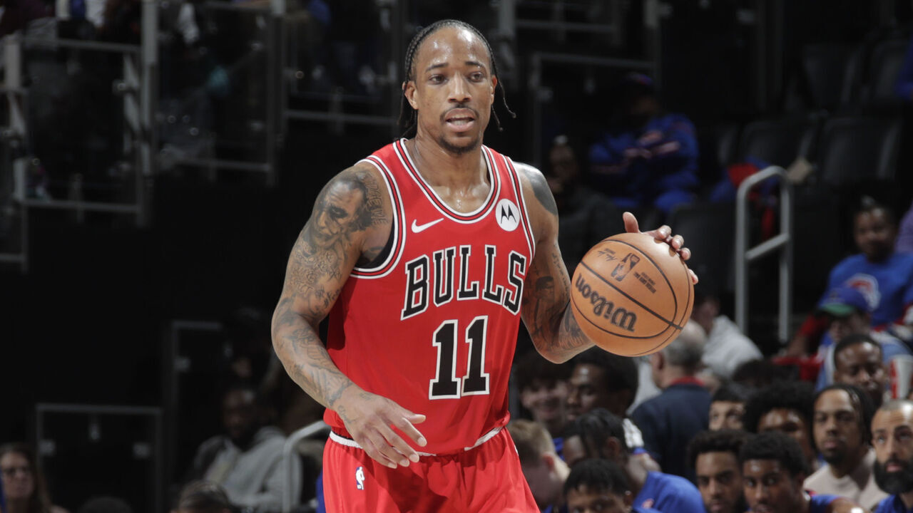 DETROIT, MI - APRIL 11: DeMar DeRozan #11 of the Chicago Bulls dribbles the ball during the game against the Detroit Pistons on April 11, 2024 at Little Caesars Arena in Detroit, Michigan. NOTE TO USER: User expressly acknowledges and agrees that, by downloading and/or using this photograph, User is consenting to the terms and conditions of the Getty Images License Agreement. Mandatory Copyright Notice: Copyright 2024 NBAE