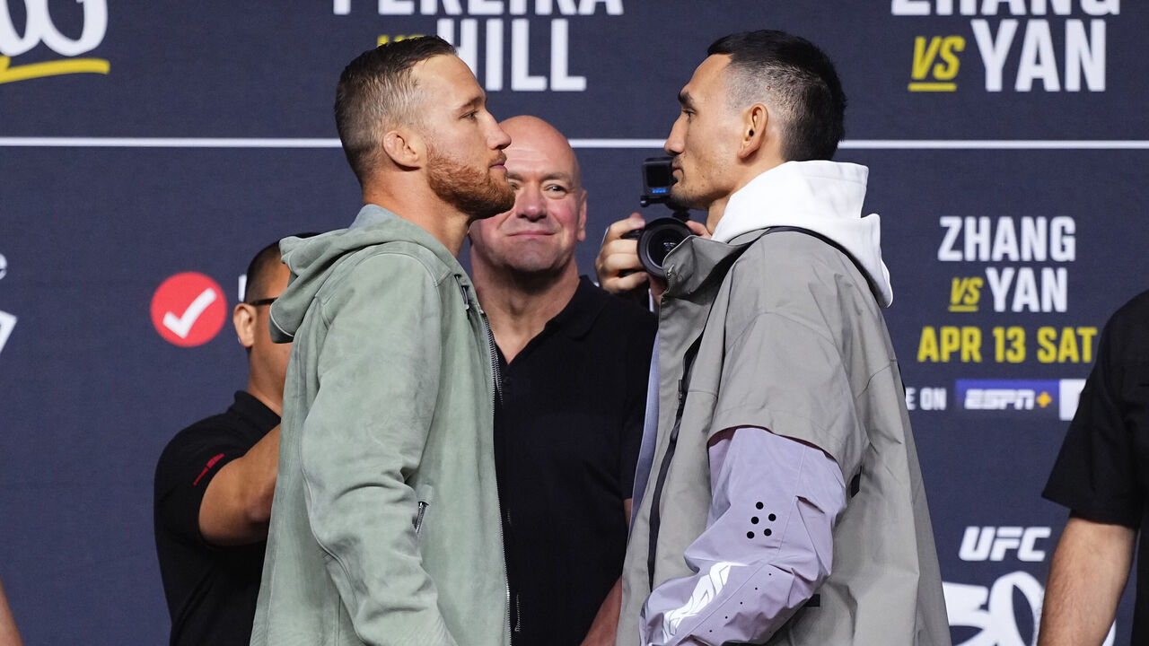 LAS VEGAS, NEVADA - APRIL 11: (L-R) Opponents Justin Gaethje and Max Holloway face off during the UFC 300 press conference at MGM Grand Garden Arena on April 11, 2024 in Las Vegas, Nevada.