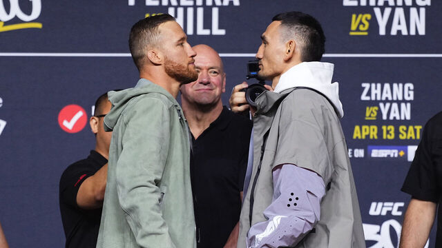 LAS VEGAS, NEVADA - APRIL 11: (L-R) Opponents Justin Gaethje and Max Holloway face off during the UFC 300 press conference at MGM Grand Garden Arena on April 11, 2024 in Las Vegas, Nevada.