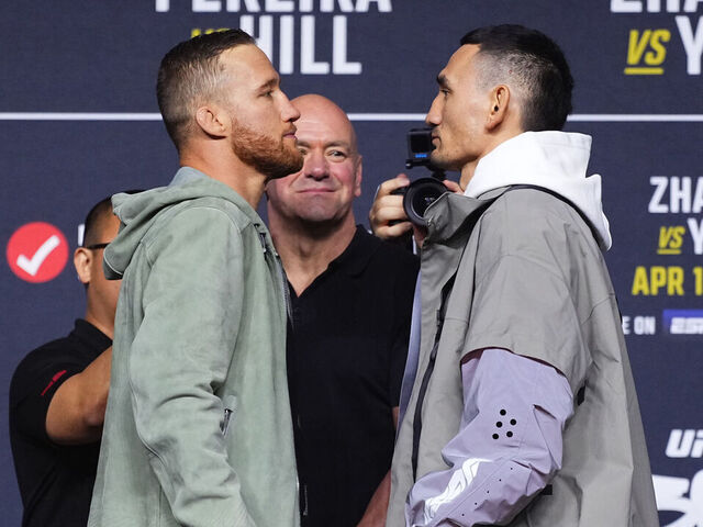 LAS VEGAS, NEVADA - APRIL 11: (L-R) Opponents Justin Gaethje and Max Holloway face off during the UFC 300 press conference at MGM Grand Garden Arena on April 11, 2024 in Las Vegas, Nevada.