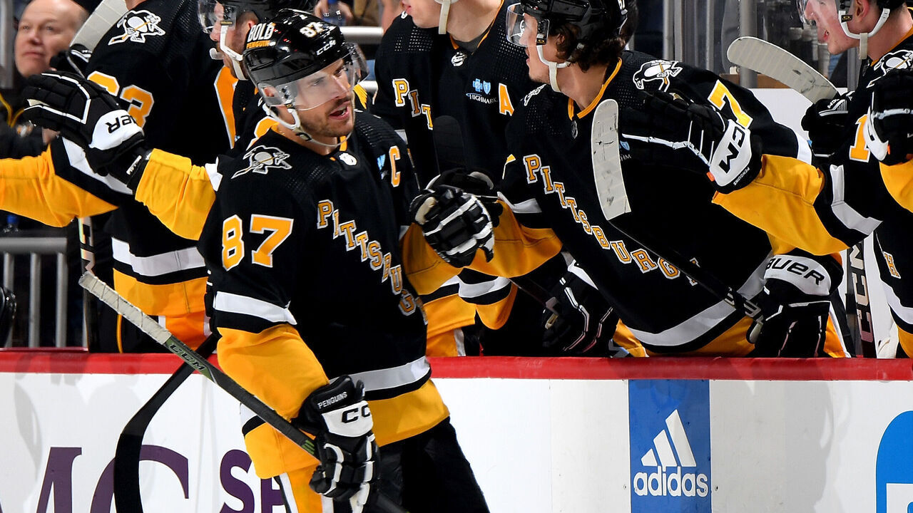PITTSBURGH, PA - APRIL 06: Sidney Crosby #87 of the Pittsburgh Penguins celebrates his second period goal against the Detroit Red Wings at PPG PAINTS Arena on April 6, 2024 in Pittsburgh, Pennsylvania.