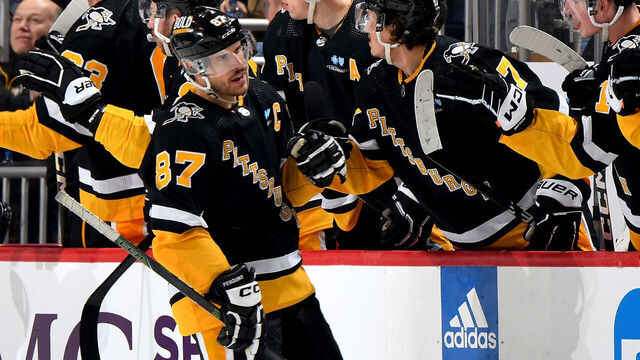 PITTSBURGH, PA - APRIL 06: Sidney Crosby #87 of the Pittsburgh Penguins celebrates his second period goal against the Detroit Red Wings at PPG PAINTS Arena on April 6, 2024 in Pittsburgh, Pennsylvania.