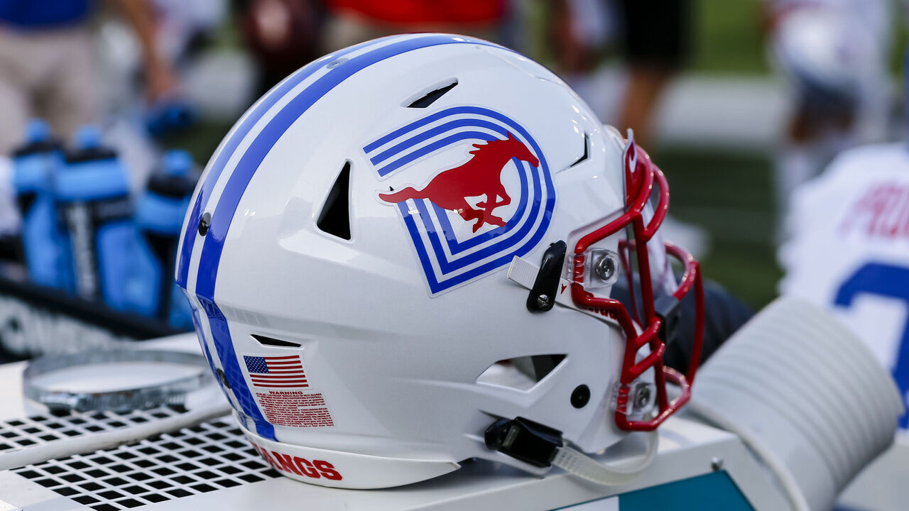DALLAS, TX - SEPTEMBER 07: A Southern Methodist Mustangs helmet sits during the game between the Southern Methodist Mustangs and the North Texas Mean Green on September 7, 2019 at Gerald Ford Stadium in Dallas, Texas.