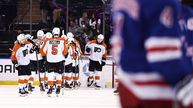 NEW YORK, NEW YORK - APRIL 11: The Philadelphia Flyers celebrate after defeating the New York Rangers 4-1 at Madison Square Garden on April 11, 2024 in New York City.