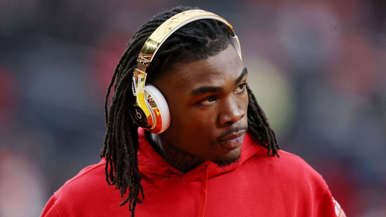 LAS VEGAS, NEVADA - FEBRUARY 11: Rashee Rice #4 of the Kansas City Chiefs warms up before Super Bowl LVIII against the Kansas City Chiefs at Allegiant Stadium on February 11, 2024 in Las Vegas, Nevada.