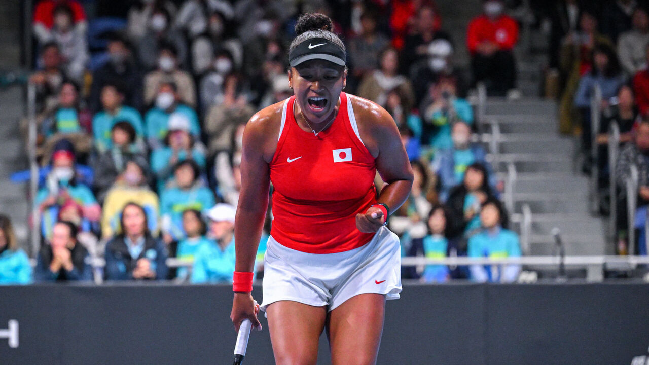 Japan's Naomi Osaka reacts after a point against Kazakhstan's Yulia Putintseva during their women's singles match of the Billie Jean Cup tennis qualifying tie between Japan and Kazakhstan in Tokyo on April 12, 2024.
