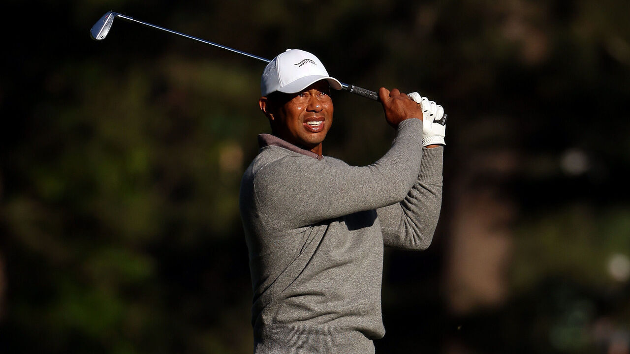 AUGUSTA, GEORGIA - APRIL 12: Tiger Woods of the United States plays a shot on the 17th hole during the continuation of the first round of the 2024 Masters Tournament at Augusta National Golf Club on April 12, 2024 in Augusta, Georgia.