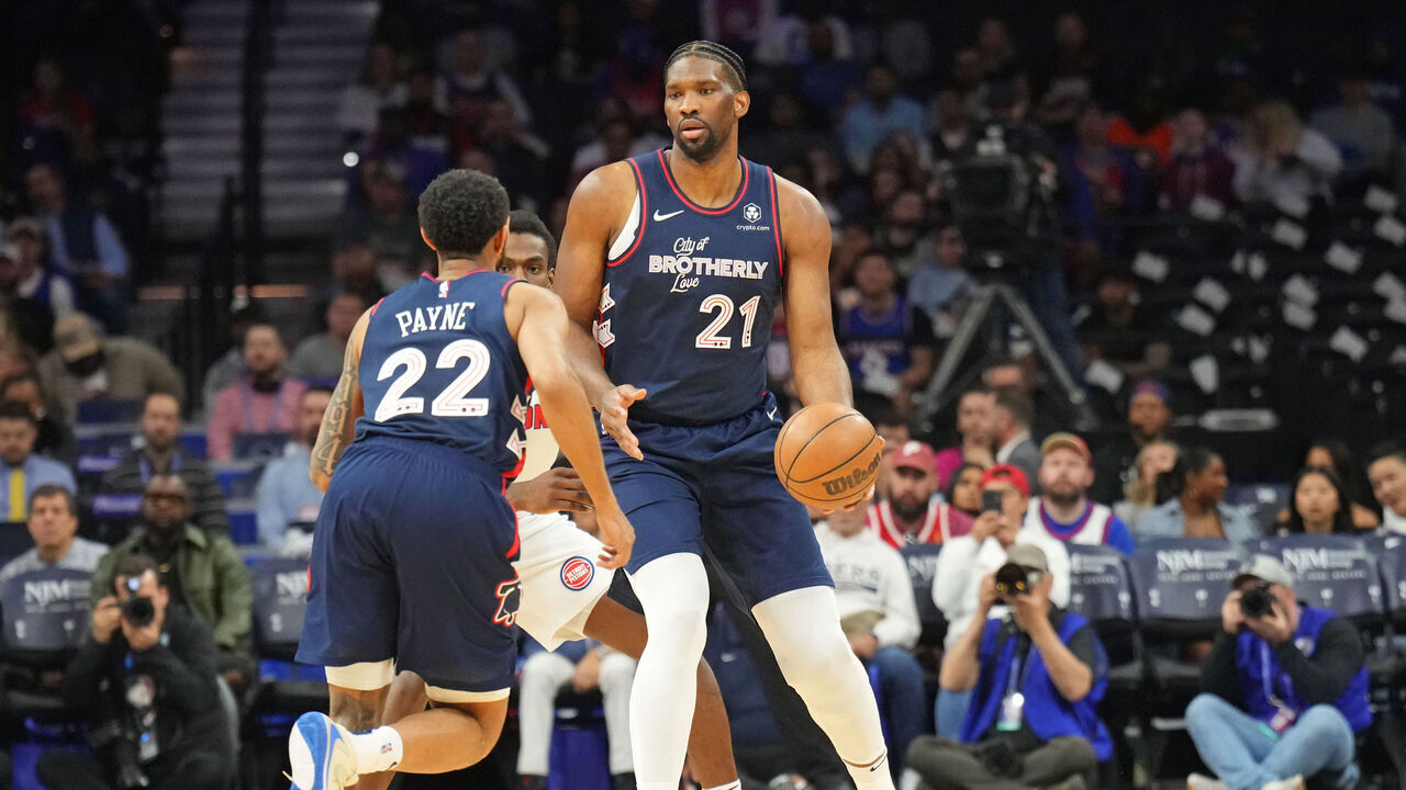 PHILADELPHIA, PA - APRIL 9: Joel Embiid #21 of the Philadelphia 76ers dribbles the ball during the game against the Detroit Pistons on April 9, 2024 at the Wells Fargo Center in Philadelphia, Pennsylvania NOTE TO USER: User expressly acknowledges and agrees that, by downloading and/or using this Photograph, user is consenting to the terms and conditions of the Getty Images License Agreement. Mandatory Copyright Notice: Copyright 2024 NBAE