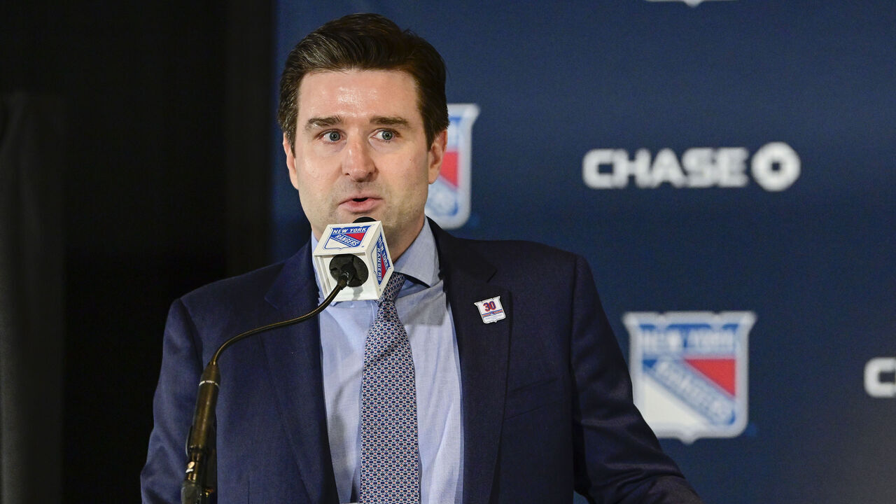 NEW YORK, NEW YORK - JANUARY 28: General Manager Chris Drury of the New York Rangers speaks during a press conference prior to the jersey retirement ceremony for Henrik Lundqvist taking place before the game between the New York Rangers and Minnesota Wild at Madison Square Garden on January 28, 2022 in New York City. Henrik Lundqvist played all 15 seasons of his NHL career with the Rangers before retiring in 2020.