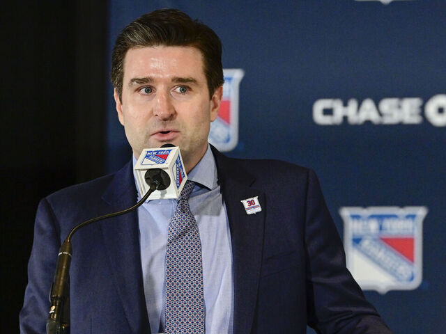NEW YORK, NEW YORK - JANUARY 28: General Manager Chris Drury of the New York Rangers speaks during a press conference prior to the jersey retirement ceremony for Henrik Lundqvist taking place before the game between the New York Rangers and Minnesota Wild at Madison Square Garden on January 28, 2022 in New York City. Henrik Lundqvist played all 15 seasons of his NHL career with the Rangers before retiring in 2020.