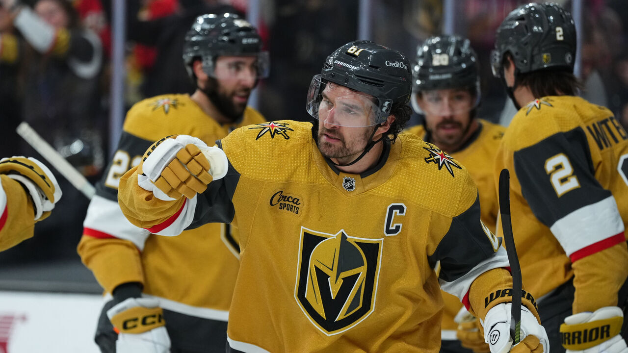 LAS VEGAS, NEVADA - FEBRUARY 12: Mark Stone #61 of the Vegas Golden Knights celebrates after a goal during the third period against the Minnesota Wild at T-Mobile Arena on February 12, 2024 in Las Vegas, Nevada.