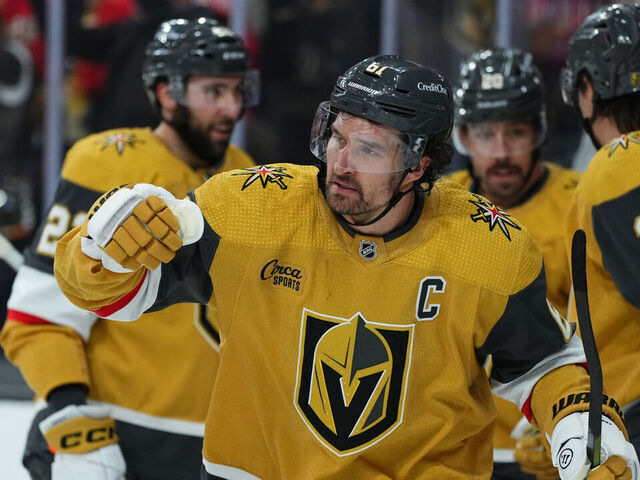 LAS VEGAS, NEVADA - FEBRUARY 12: Mark Stone #61 of the Vegas Golden Knights celebrates after a goal during the third period against the Minnesota Wild at T-Mobile Arena on February 12, 2024 in Las Vegas, Nevada.