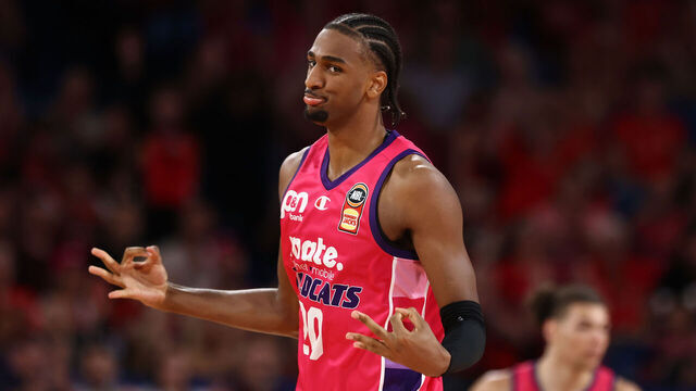 PERTH, AUSTRALIA - OCTOBER 06: Alex Sarr of the Wildcats celebrates a basket during the round two NBL match between Perth Wildcats and Adelaide 36ers at RAC Arena, on October 06, 2023, in Perth, Australia.