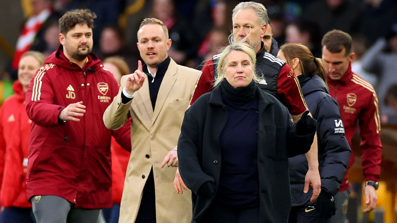 WOLVERHAMPTON, ENGLAND - MARCH 31: Emma Hayes, Manager of Chelsea, walks away from Jonas Eidevall, Manager of Arsenal, following an altercation between the pair at the final whistle of the FA Women's Continental Tyres League Cup Final match between Arsenal and Chelsea at Molineux on March 31, 2024 in Wolverhampton, England.