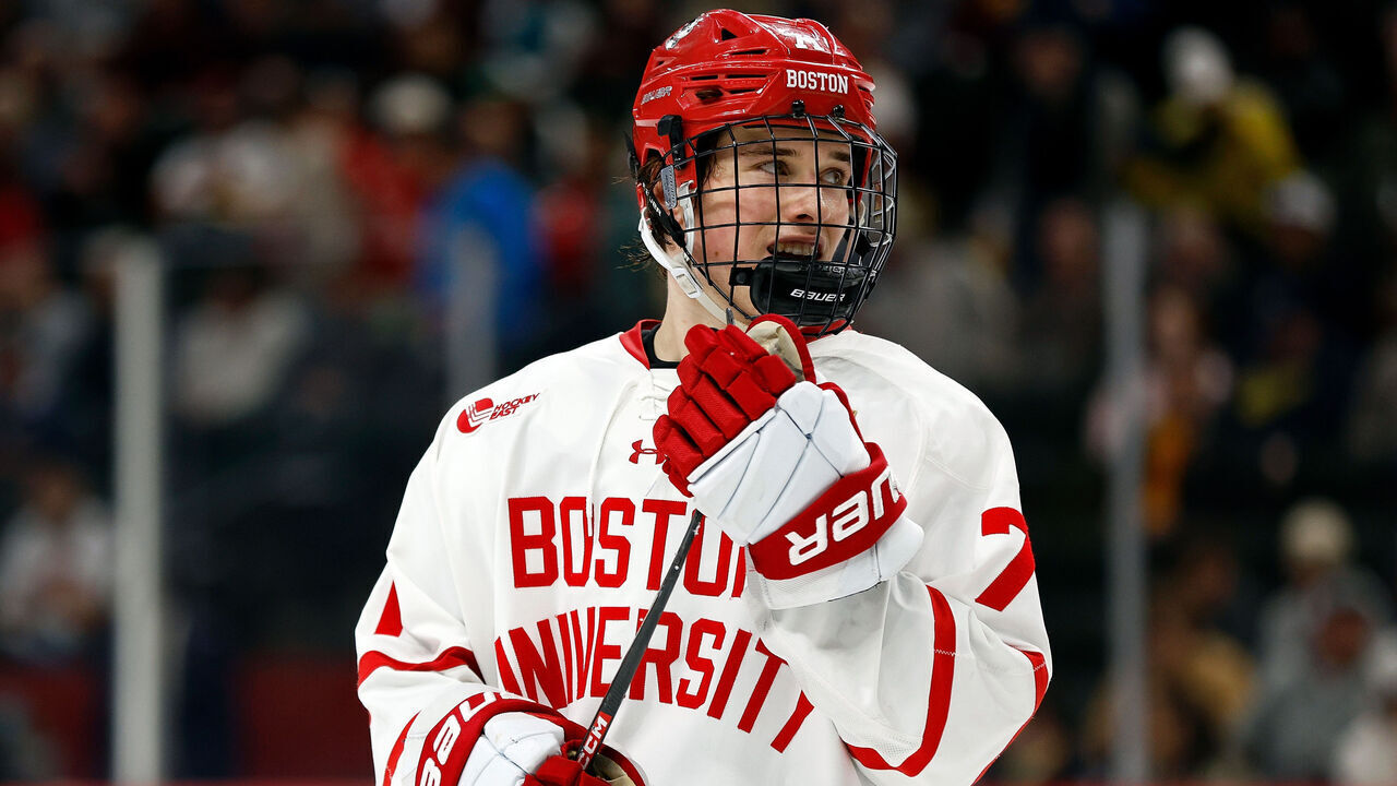 ST PAUL, MINNESOTA - APRIL 11: Macklin Celebrini #71 of the Boston University Terriers looks on against the Denver Pioneers in the second period during the NCAA Men's Hockey Frozen Four semifinal game at Xcel Energy Center on April 11, 2024 in St Paul, Minnesota.
