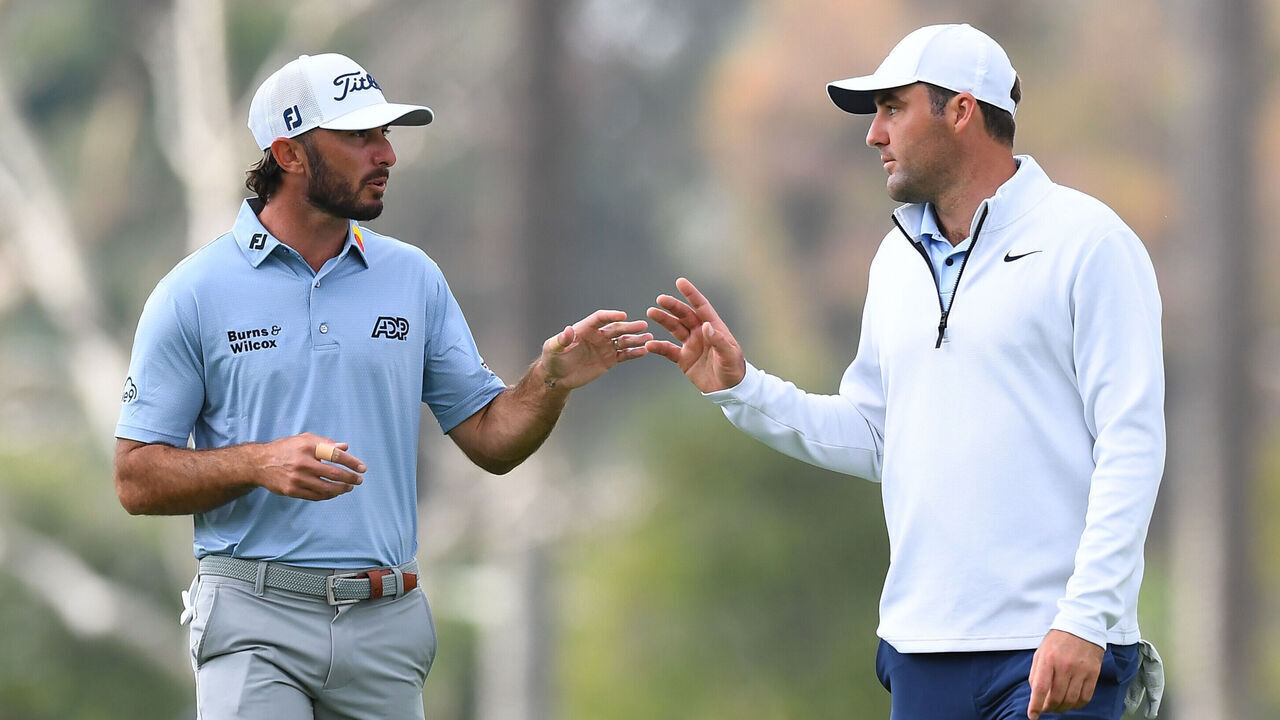 PACIFIC PALISADES, CA - FEBRUARY 18: Max Homa and Scottie Scheffler chat on the 11th hole during the final round of the Genesis Invitational on February 18, 2024, at Riviera Country Club in Pacific Palisades, CA.