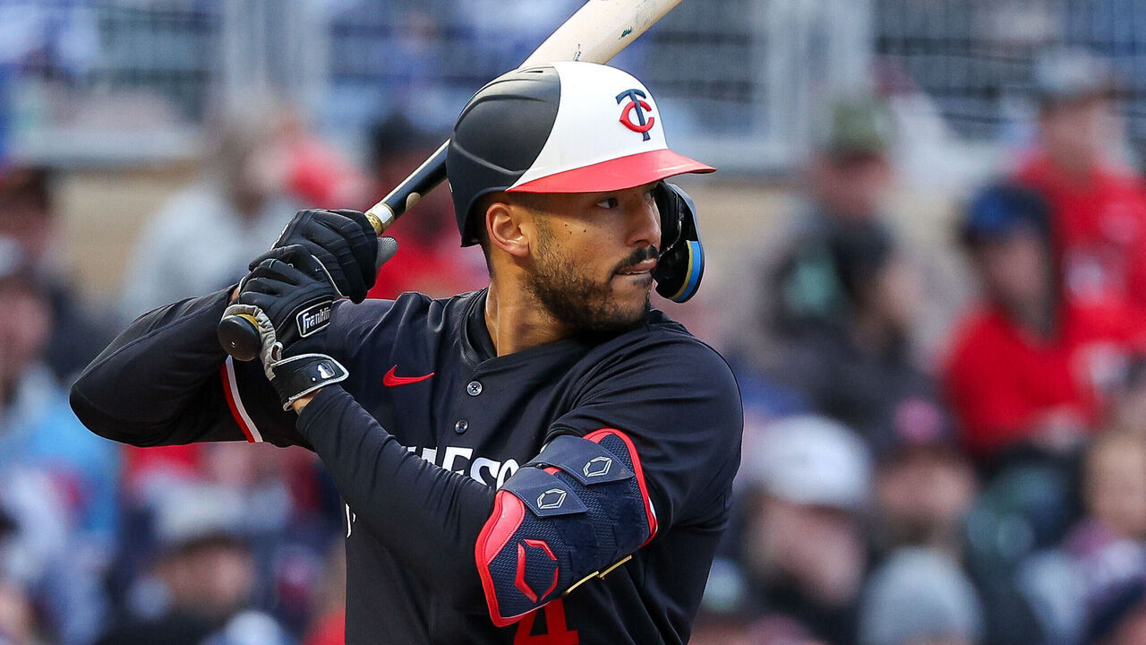 MINNEAPOLIS, MINNESOTA - APRIL 8: Carlos Correa #4 of the Minnesota Twins takes an at-bat against the Los Angeles Dodgers during the first inning at Target Field on April 8, 2024 in Minneapolis, Minnesota.