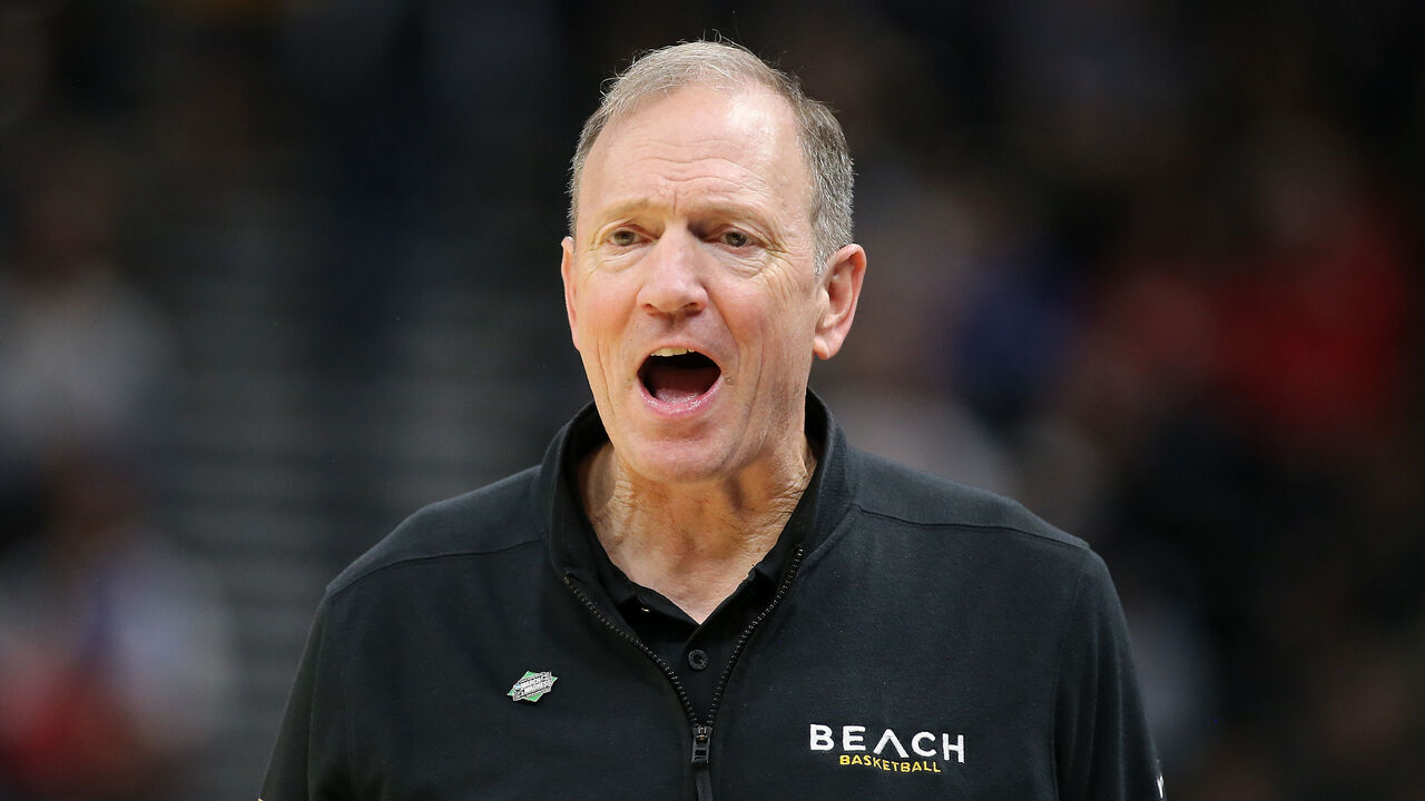 SALT LAKE CITY, UTAH - MARCH 21: Head coach Dan Monson of the Long Beach State 49ers reach during the second half against the Arizona Wildcats in the first round of the NCAA Men's Basketball Tournament at Delta Center on March 21, 2024 in Salt Lake City, Utah.