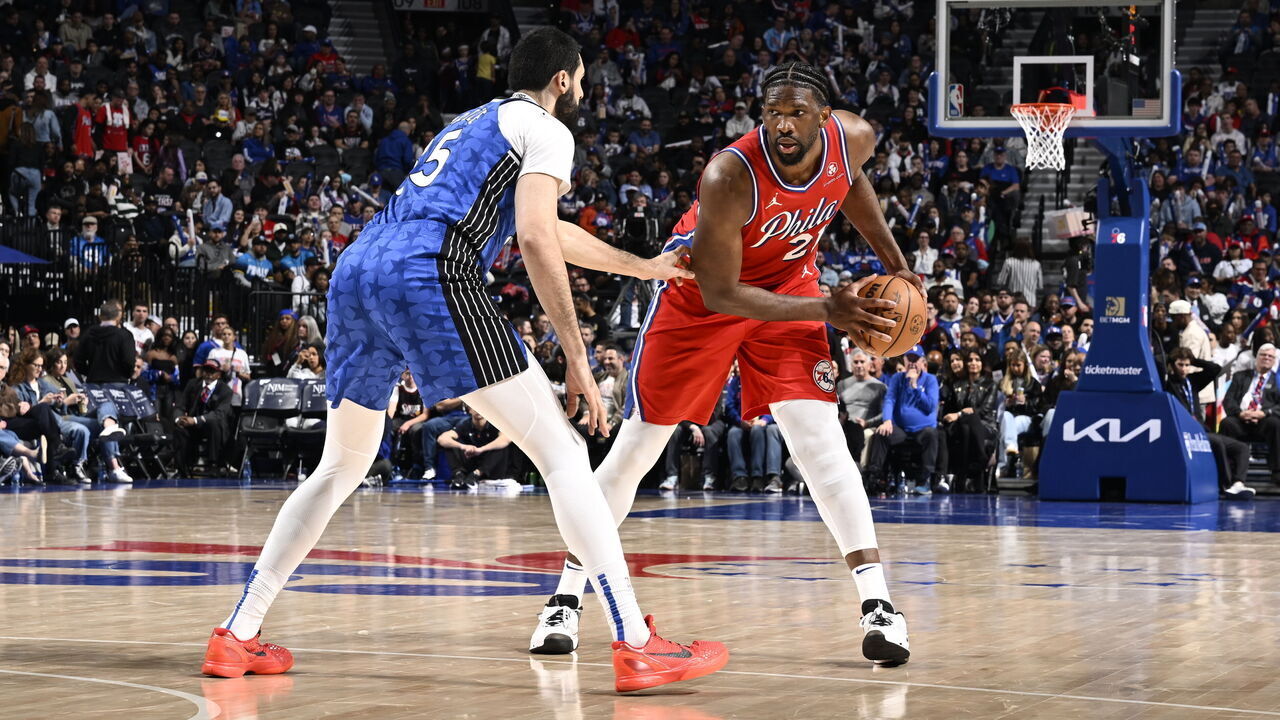 PHILADELPHIA, PA - APRIL 12: Joel Embiid #21 of the Philadelphia 76ers looks to pass the ball during the game against the Orlando Magic on April 12, 2024 at the Wells Fargo Center in Philadelphia, Pennsylvania NOTE TO USER: User expressly acknowledges and agrees that, by downloading and/or using this Photograph, user is consenting to the terms and conditions of the Getty Images License Agreement. Mandatory Copyright Notice: Copyright 2024 NBAE