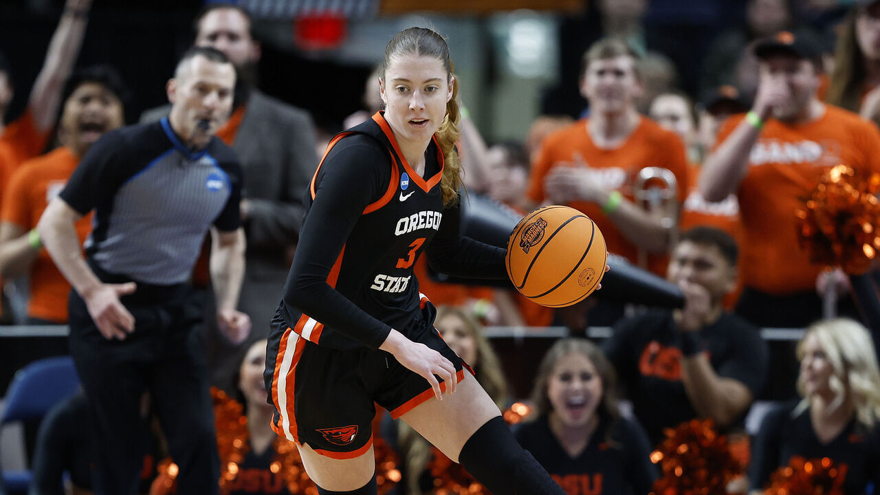 ALBANY, NEW YORK - MARCH 29: Dominika Paurova #3 of the Oregon State Beavers handles the ball in the first half against the Notre Dame Fighting Irish during the first half in the Sweet 16 round of the NCAA Women's Basketball Tournament at MVP Arena on March 29, 2024 in Albany, New York.