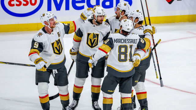 WINNIPEG, CANADA - OCTOBER 19: Jack Eichel #9, Shea Theodore #27, Mark Stone #61, Chandler Stephenson #20, and Jonathan Marchessault #81 of the Vegas Golden Knights celebrate a third period goal against the Winnipeg Jets at Canada Life Centre on October 19, 2023 in Winnipeg, Manitoba, Canada.