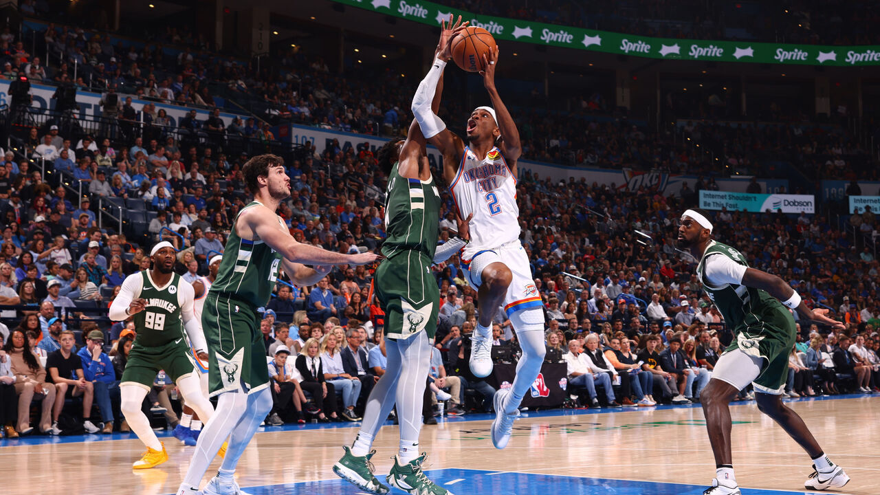 OKLAHOMA CITY, OK - APRIL 12: Shai Gilgeous-Alexander #2 of the Oklahoma City Thunder drives to the basket during the game against the Milwaukee Bucks on April 12, 2024 at Paycom Arena in Oklahoma City, Oklahoma. Mandatory Copyright Notice: Copyright 2024 NBAE