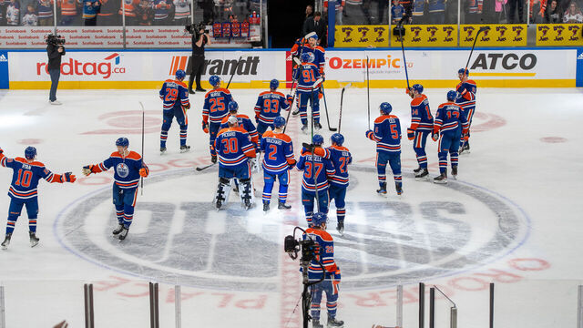 EDMONTON, CANADA - FEBRUARY 28: The Edmonton Oilers salute their fans celebrating their win over the St. Louis Blues after the game at Rogers Place on February 28, 2024, in Edmonton, Alberta, Canada.