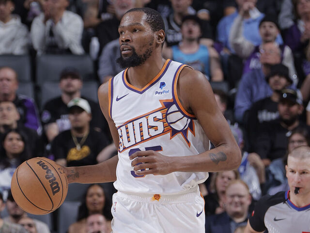 SACRAMENTO, CA - APRIL 12: Kevin Durant #35 of the Phoenix Suns dribbles the ball during the game against the Sacramento Kings on April 12, 2024 at Golden 1 Center in Sacramento, California. Mandatory Copyright Notice: Copyright 2024 NBAE