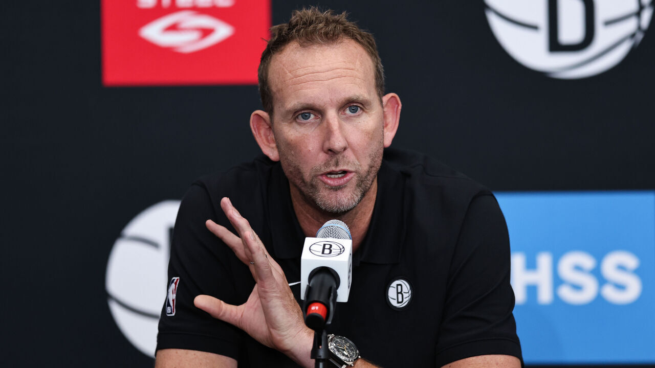 NEW YORK, NEW YORK - SEPTEMBER 26: General Manager Sean Marks of the Brooklyn Nets speaks at the podium during a press conference at Brooklyn Nets Media Day at HSS Training Center on September 26, 2022 in the Brooklyn borough of New York City. NOTE TO USER: User expressly acknowledges and agrees that, by downloading and/or using this photograph, User is consenting to the terms and conditions of the Getty Images License Agreement.